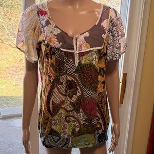 Bohemian Floral Patchwork Short Sleeve Top, 100% Cotton, Fairy Babydoll